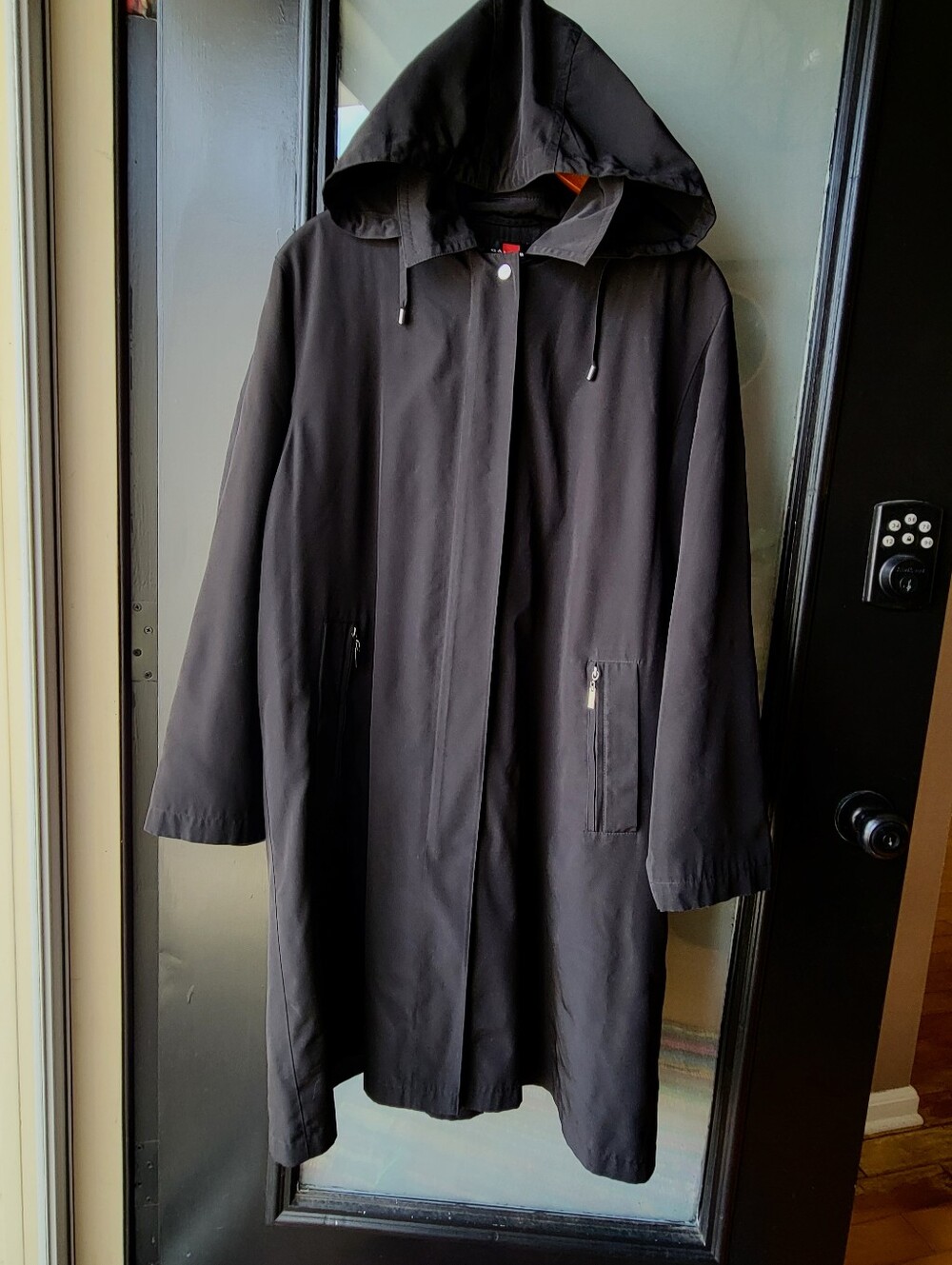 Black Gallery all-weather Coat XL Removable Hood Hidden button front Zip closure - Picture 2 of 16